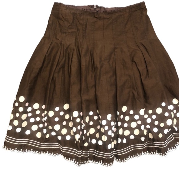 Joe Benbasset Full A-line Brown Skirt w/Pink/Yellow Polka Dots & Embroidery Edge - Picture 1 of 6